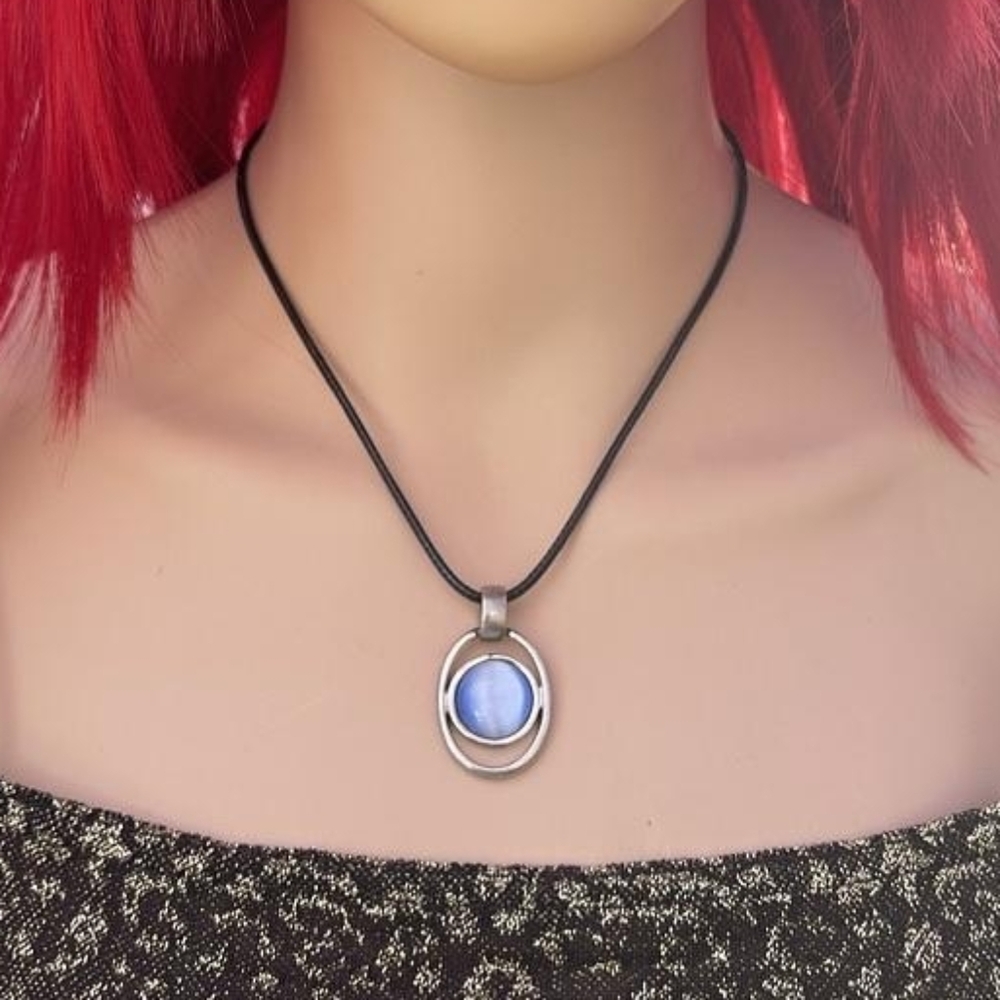 Goose&Crayon 2nd Hand Blue Stone Vintage Pendant Necklace, 16" Black Suede Cord